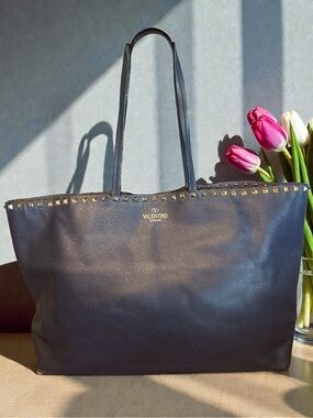 Valentino Garavani Navy  Leather Tote with Gold Rockstud Trim